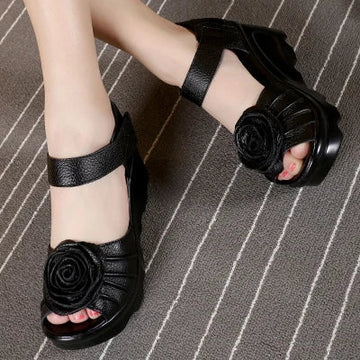 Xajzpa Ethnic Style Genuine Leather Women Shoes Sandals Wedges Sandals Handmade Genuine Leather Platform Women Sandal